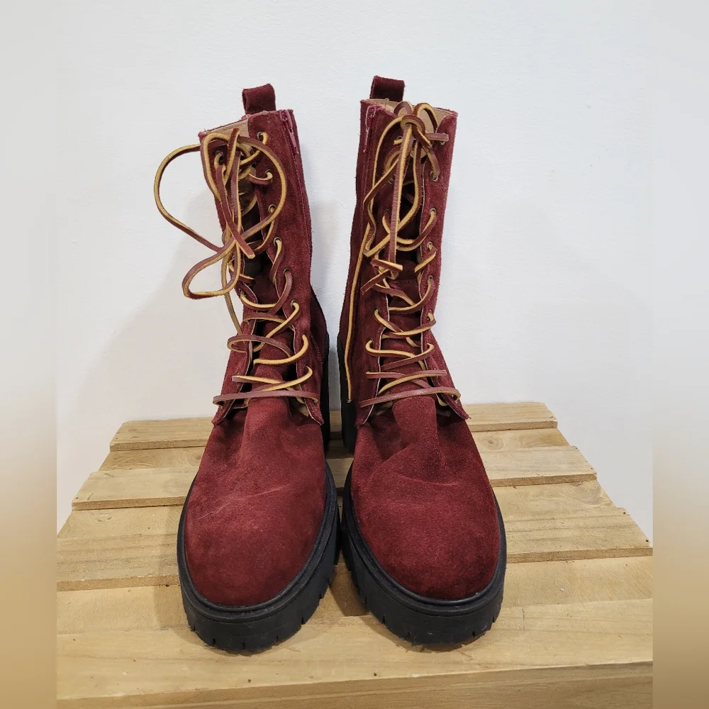 Free People Dylan Burgundy Suede Leather Lace-Up Combat Boots